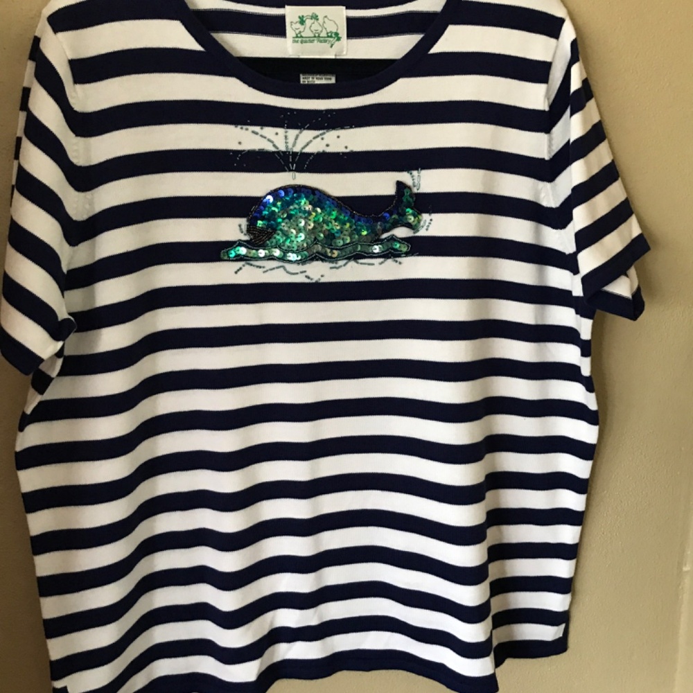 Quacker Factory 1X knit top nautical whale sequins